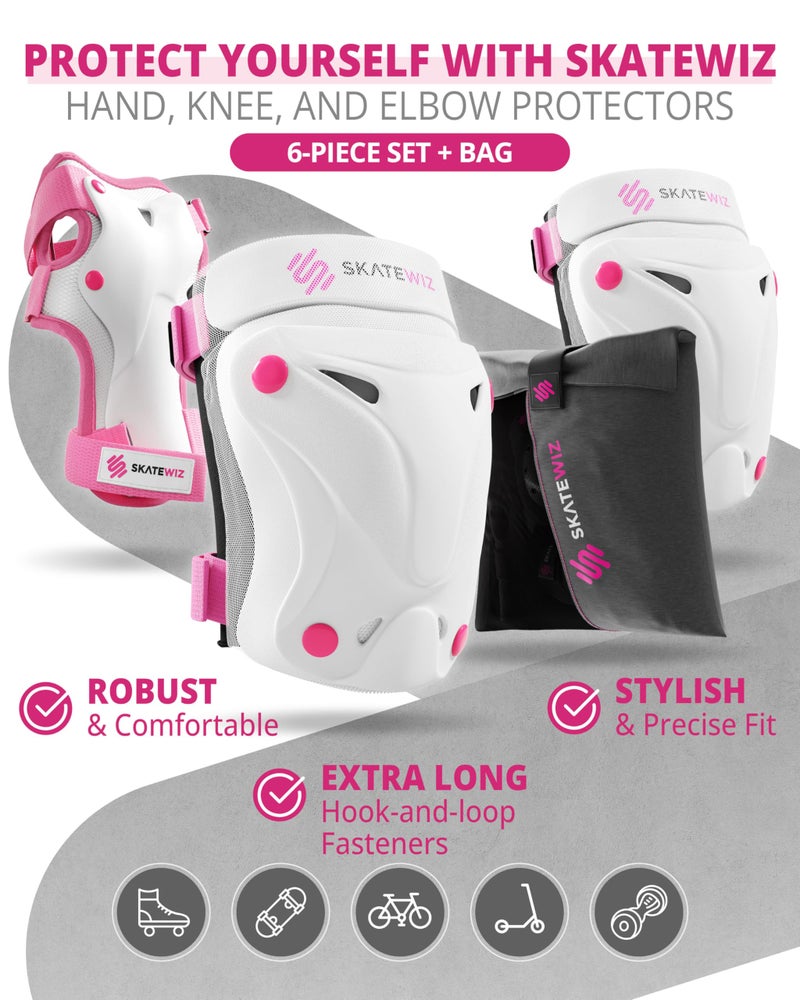 SKATEWIZ Knee Pads for Kids - Knee and Elbow Pads Set - PROTECT-1 - Size S Pink White - Wrist Guards Skating Protective Gear, Skateboard, Roller Skate, Ice Skates For Kids - Image 2